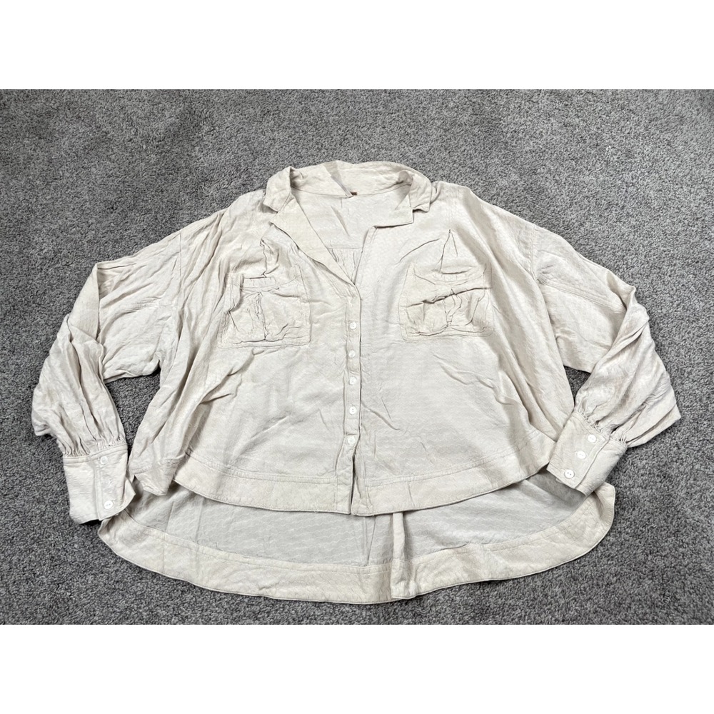 Free People Shirt Womens XS Button Down Beige Boho Tunic High Low Flowy Flutter